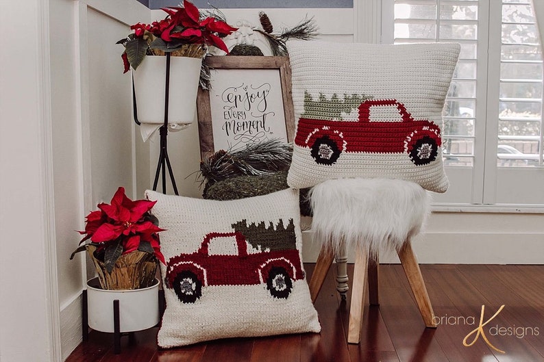 Farmhouse Truck Knit Pillow Cover Christmas Decor, Instant Download PDF Pattern, Includes Chart, Holiday Decor Knit Pattern image 1