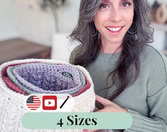 CROCHET PATTERN + VIDEO Wheat Stitch™ Nesting Baskets Crochet Pattern, 4 Sizes with Video Tutorial, Pdf Instand Download