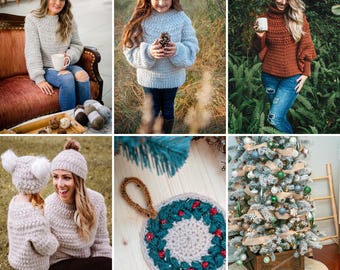 May include: A collection of handmade crochet items including light gray and rust-colored sweaters with textured patterns, a matching light gray hat with pom-poms, a circular wreath ornament with red and green accents, and a cream-colored tree skirt.