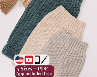 May include: Three pairs of ribbed crochet trousers in teal, cream, and light grey. Each pair features a high waistband and cuffed ankles. A rectangular overlay displays icons for video, mobile, and crochet hook, with the text 5 Sizes + PDF App included free.