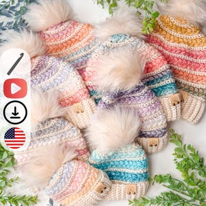 CROCHET PATTERN + VIDEO Wheat Stitch™ Crochet Beanie Pattern | Puff Stitch Hat Pdf Easy Crochet Hat Tutorial in 8 Sizes + Gift Tag Printable