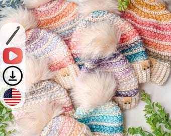 CROCHET PATTERN + VIDEO Wheat Stitch Crochet Beanie Pattern | Puff Stitch Hat Pdf Easy Crochet Hat Tutorial in 8 Sizes + Gift Tag Printable