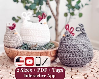 CROCHET PATTERN + VIDEO + App, Wheat Stitch™ Chicken Hen Amigurumi, 2 Sizes, Farmhouse Kitchen Decor, Printable Tags, Instant Download