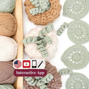 Peut inclure: Trois citrouilles au crochet en beige, crème et marron avec des tiges et des vrilles vert sauge, accompagnées de quatre feuilles au crochet vert sauge et d'une pile de pelotes de laine. Un petit graphique affiche le texte Interactive App.