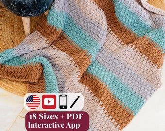 CROCHET PATTERN + Video + App, Alpine Stitch Blanket, 18 Sizes Baby to King Crochet Afghan, Instant Download PDF, Stitch Chart, Sizing Tool