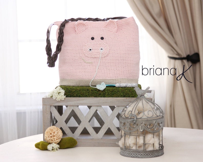 Pig Crafter Bag Crochet PATTERN, Purse, Tote, Instant Download image 1