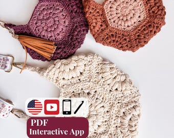 May include: Three crocheted bags in plum, terracotta, and cream colors. The bags feature hexagonal patterns and textured stitches. One bag has a brown leather tassel and a strap. A graphic overlay displays the text PDF Interactive App.