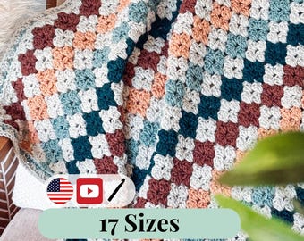 CROCHET PATTERN + VIDEO Colorful Hues Granny Stitch Crochet Blanket Pattern, 17 Size Options with Charts. Easy Crochet Afghan Throw Blanket