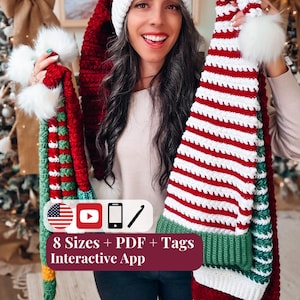 CROCHET PATTERN + VIDEO + App, Wheat Stitch™ Santa & Elf Hat, 8 Sizes Newborn to Adult, Christmas Photo Prop, Beanie, Instant Download
