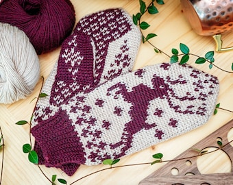 Deer Fair Isle Crochet Mitten Pattern Instant Download PDF Pattern + Video, One Size Crochet Pattern, Winter Glove Mitten Accessories