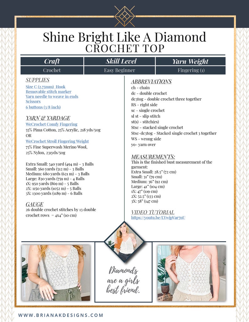 Shine Bright Like A Diamond Tank Top Crochet Pattern Video Tutorial, Instant Download PDF Crochet Pattern, Size XS-3X Easy Beginner Top image 10