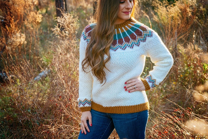 CROCHET PATTERN + VIDEO Traveler Fair Isle Crochet Sweater, xs to 5x sizes, Pullover Crochet Colorwork Pattern, Video Tutorial Incl. image 1