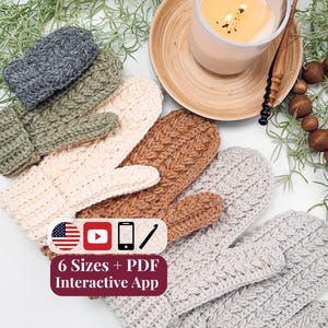 CROCHET PATTERN + VIDEO + App, Winter Wheat Stitch™ Mittens, 6 Sizes Baby to Adult, Flat One Piece Gloves, Cozy Unisex, Instant Download