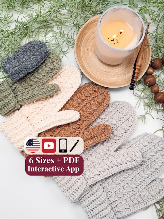 CROCHET PATTERN + VIDEO + App, Winter Wheat Stitch™ Mittens, 6 Sizes Baby to Adult, Flat One Piece Gloves, Cozy Unisex, Instant Download
