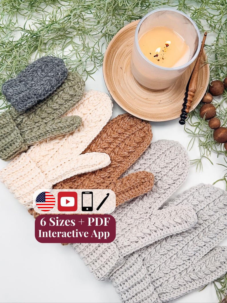 CROCHET PATTERN + VIDEO + App, Winter Wheat Stitch™ Mittens, 6 Sizes Baby to Adult, Flat One Piece Gloves, Cozy Unisex, Instant Download 画像 2