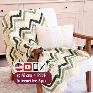 CROCHET PATTERN + VIDEO + App, Petal Loop Chevron Blanket, 15 Sizes Lovey to King, Textured Stripe Afghan, Cozy Throw, Instant Download