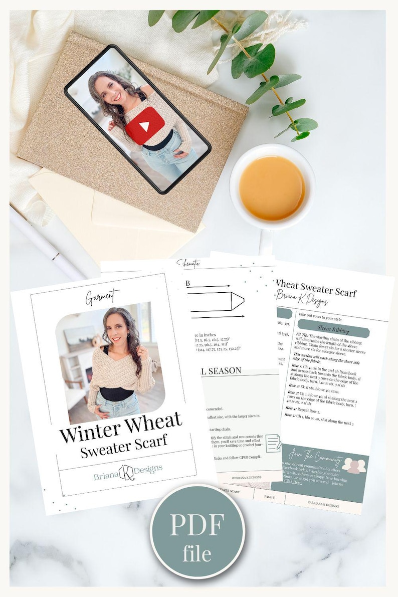Flat lay with a phone displaying a video thumbnail, a cup of coffee, plant, and printed crochet pattern sheets titled "Winter Wheat Sweater Scarf." Perfect for those seeking unique handmade gifts to pair with vintage clothes.