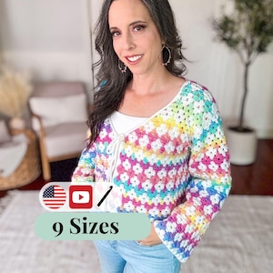 CROCHET PATTERN + VIDEO Rainbow Hues Crochet Cardigan Pattern, Size-Inclusive xs-5X with Stitch Charts. V-Neck Crochet Cardigan Pattern