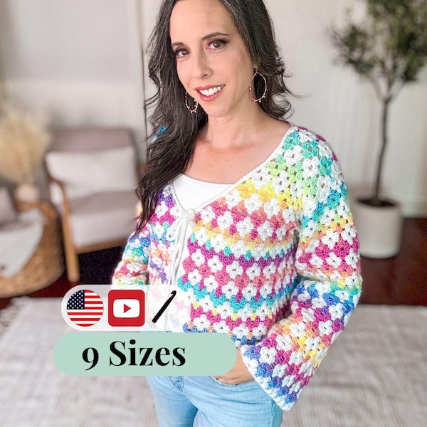 CROCHET PATTERN + VIDEO Rainbow Hues Crochet Cardigan Pattern, Size-Inclusive xs-5X with Stitch Charts. V-Neck Crochet Cardigan Pattern
