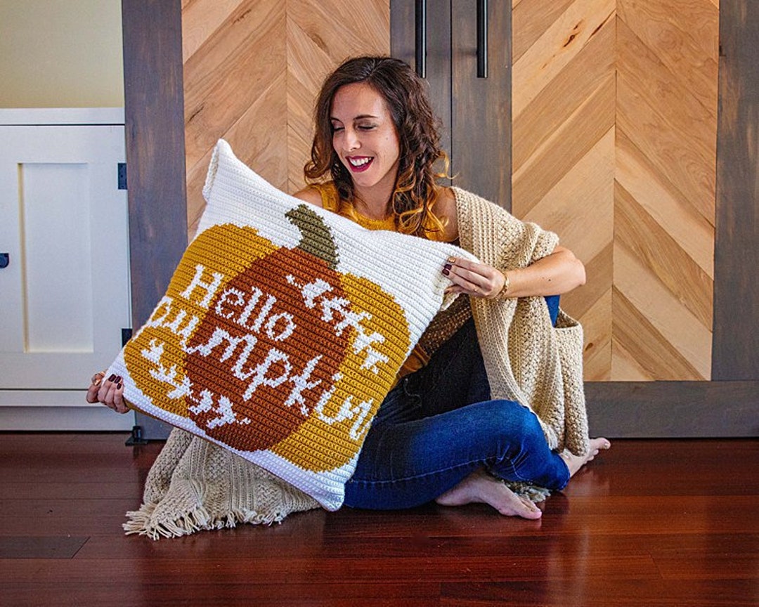 Hello Pumpkin Crochet Pillow Cover Home Decor, Instant Download PDF Pattern, Includes Chart, Holiday Fall Decor Crochet Pattern