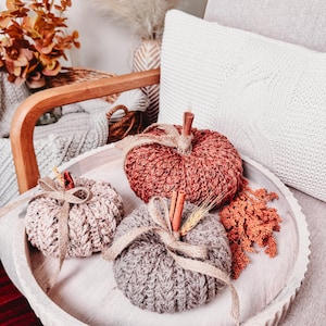 A wooden tray on a chair holds three knitted pumpkins in varying sizes and colors, adorned with cinnamon sticks and twine. Autumnal decor, including a bouquet of dried leaves and unique jewellery, adds a touch of charm to the background.