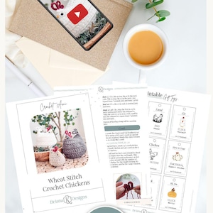 Pattern PDF pages with printable gift tags and a phone showing the crochet chicken video tutorial