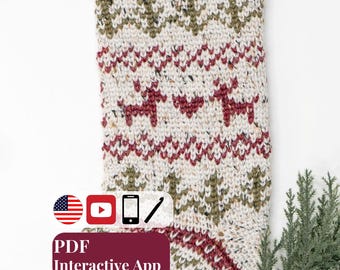 CROCHET PATTERN + VIDEO + App, Fair Isle Christmas Stocking, Traditional Colorwork Holiday Decor, Nordic Xmas Mantle, Instant Download