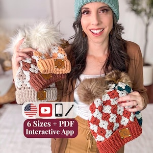 CROCHET PATTERN + VIDEO + App, Harvest Hues Diamond Granny Stitch Beanie, 6 Sizes Baby Toddler to Adult, Cozy Winter Hat, Charts, Autumn