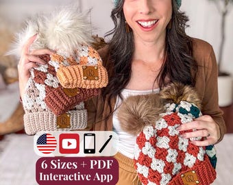 CROCHET PATTERN + VIDEO + App, Harvest Hues Diamond Granny Stitch Beanie, 6 Sizes Baby Toddler to Adult, Cozy Winter Hat, Charts, Autumn