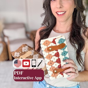 May include: Two rectangular crochet pouches featuring a granny square pattern in cream, rust, and teal, secured with brown leather straps and gold-tone metal snaps. The image includes icons for the US flag, YouTube, a smartphone, a crochet hook, and text reading PDF Interactive App.
