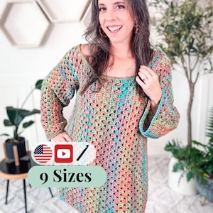 CROCHET PATTERN + VIDEO Classic Granny Crochet Dress Pattern. Extra Bonus Guide to use any weight of yarn. Includes color inspiration.