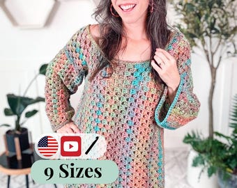 CROCHET PATTERN + VIDEO Classic Granny Crochet Dress Pattern. Extra Bonus Guide to use any weight of yarn. Includes color inspiration.