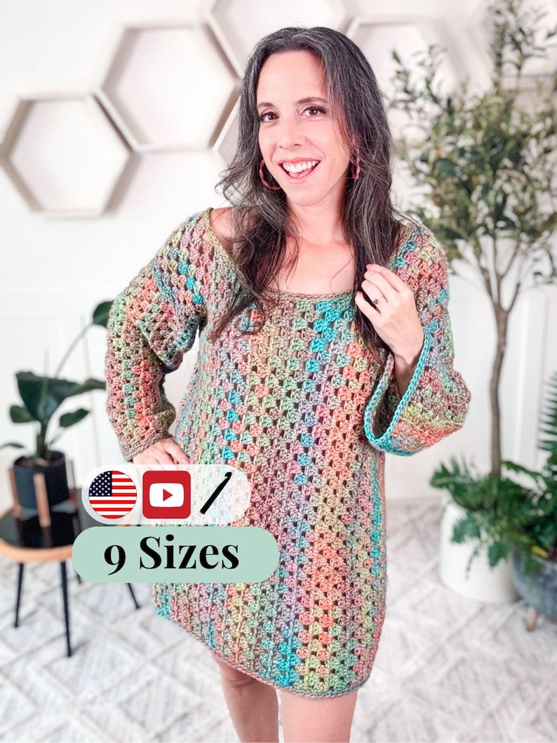 CROCHET PATTERN + VIDEO Classic Granny Crochet Dress Pattern. Extra Bonus Guide to use any weight of yarn. Includes color inspiration. zdjęcie 1