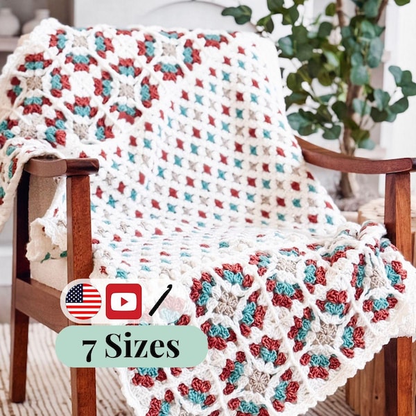 CROCHET PATTERN + VIDEO Windowpane Granny Square Blanket with Polka Dot Granny Stitches, 7 Sizes, Charts + Color Planner