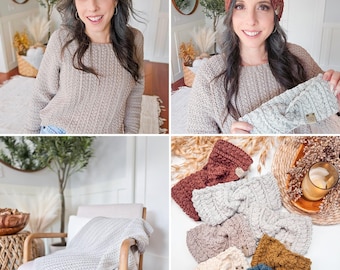 May include: A collection of crocheted headbands featuring a twisted front design and a small rectangular tag. The headbands are available in various solid colors including rust, cream, light gray, tan, mustard yellow, and dark blue.