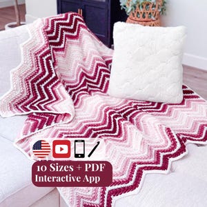 CROCHET PATTERN + VIDEO + App, Wheat Stitch™ Ripple Blanket, 10 Sizes, Chevron Afghan Throw, Stitch Chart, Instant Download