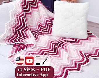 CROCHET PATTERN + VIDEO + App, Wheat Stitch™ Ripple Blanket, 10 Sizes, Chevron Afghan Throw, Stitch Chart, Instant Download