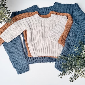 CROCHET PATTERN + VIDEO Easy Cuff-to-Cuff Child Sweater, Sizes Newborn to 12 Years. Easy crochet stitches and only two seams!