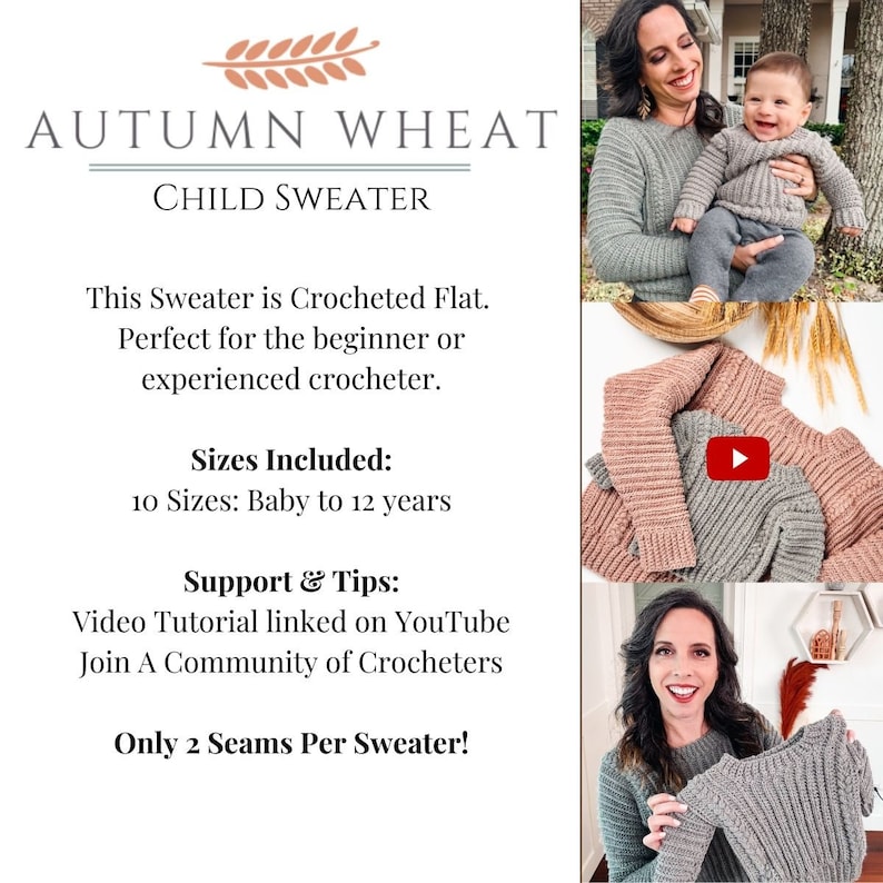 Autumn Wheat Crochet Baby to Child Sweater Pattern Sizes. Video Tutorial Included. Easy Crochet Pattern & Beginner Friendly Crocheted Flat Bild 2