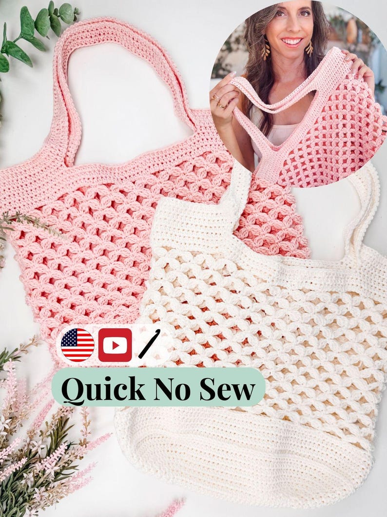 CROCHET PATTERN + VIDEO Circle Leaf Market Bag Crochet Pattern, Reusable Eco Tote, One Piece Seamless with Handles, Learn Circle Leaf Stitch image 1