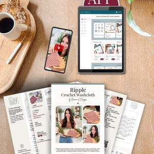 May include: A digital crochet pattern for a Ripple Crochet Washcloth by Briana K Designs, displayed on a tablet and smartphone screen alongside printed pages showing instructions, diagrams, and photos of the finished washcloth.