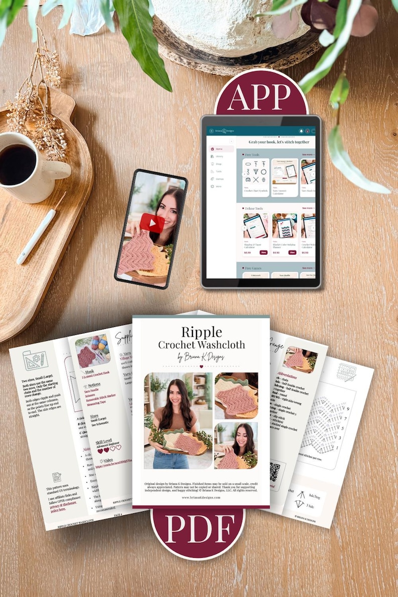 May include: A digital crochet pattern for a Ripple Crochet Washcloth by Briana K Designs, displayed on a tablet and smartphone screen alongside printed pages showing instructions, diagrams, and photos of the finished washcloth.