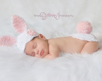Newborn Bunny Crochet Pattern cute for Easter, spring, or adorable photo prop outfit for a baby. Easy to follow crochet pattern instructions