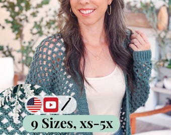 CROCHET PATTERN + VIDEO Circle Leaf Lace Crochet Cardigan Pattern • Lightweight Summer Sweater pdf with Video • Size Inclusive Summer Cardi