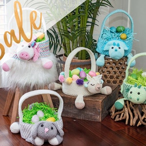 Set of crochet easter baskets in bright colors including a unicorn, bunny, llama, dinosaur and dragon.