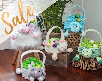 CROCHET PATTERNS + VIDEO Collection Easter Basket Crochet Patterns Instant Download, Included: Llama, Unicorn, Dragon, Dinosaur, & Bunny