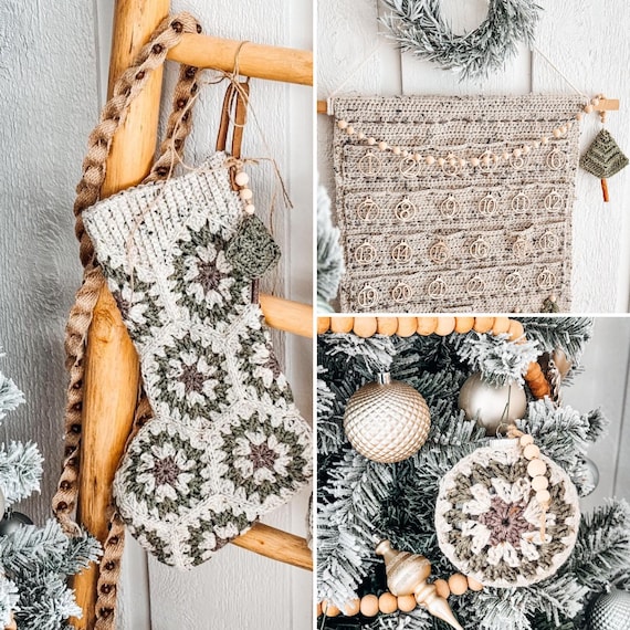 Granny Holiday Crochet Pattern Bundle, Granny Stocking, Advent Calendar and Ornament, Video Tutorial