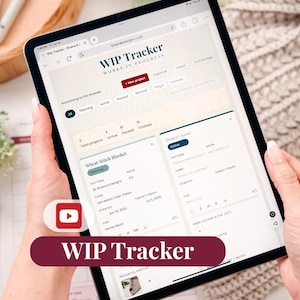 May include: A digital tablet displaying the WIP Tracker website, which features a project management interface for tracking craft progress. The screen shows project categories, status buttons, and specific project details like Wheat Stitch Blanket.