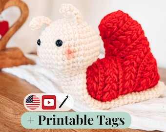 CROCHET PATTERN + VIDEO Wheat Stitch™ Snail With Heart Crochet Pattern Pdf, Cute Amigurumi Snail Plush, Valentine Gift, Beginner Friendly