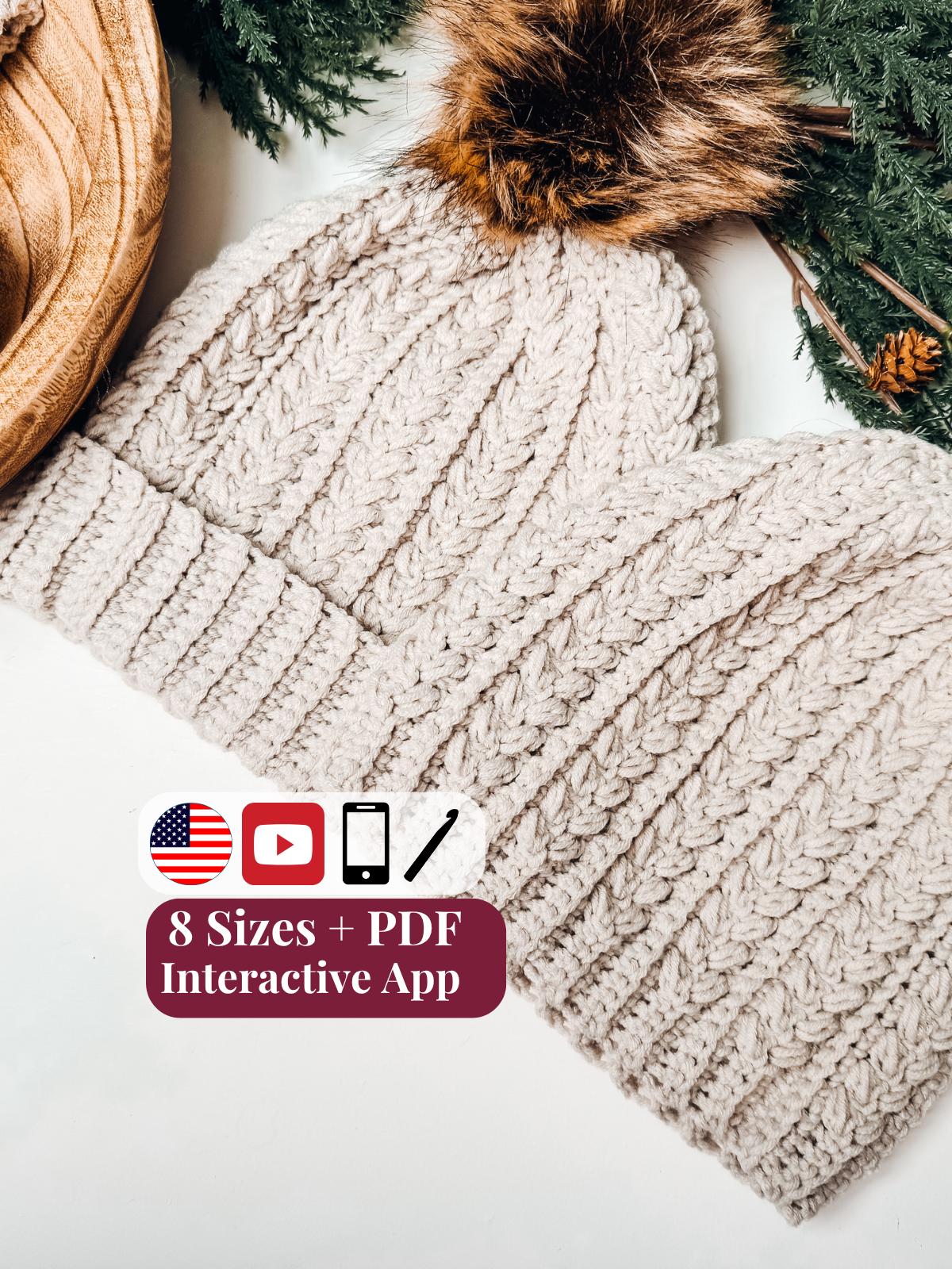 CROCHET PATTERN + VIDEO + App, Snowy Wheat Stitch™ Beanie Hat, 8 Sizes Newborn to Adult, Beginner Friendly Cozy Winter, Crocheted Flat